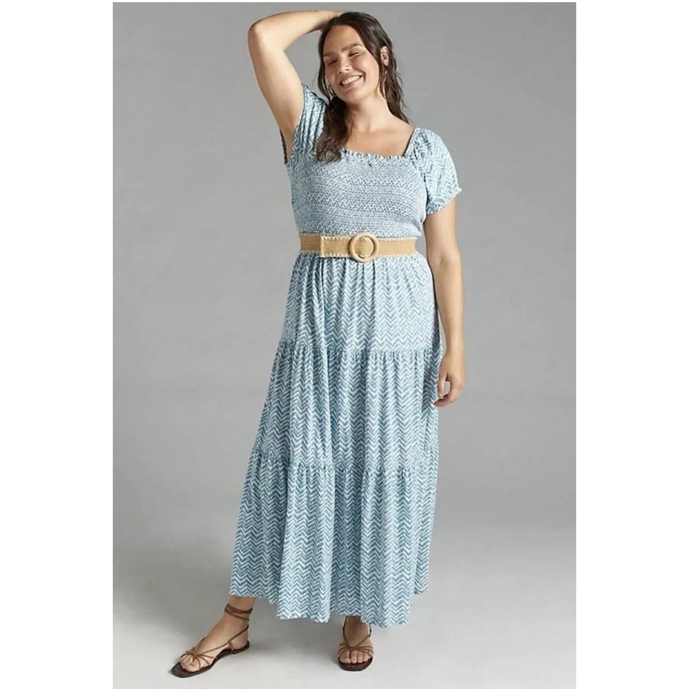 Daily Practice Anthropologie Smocked Green Blue Cotton Maxi Long Dress XL